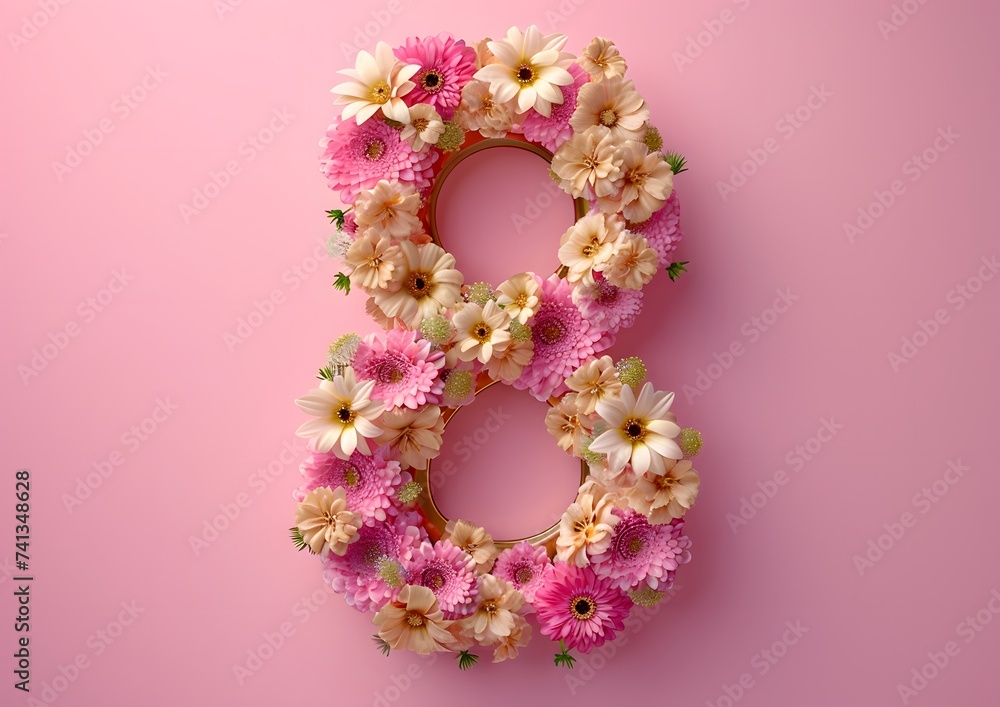 Floral Arrangement in the Shape of Number 8 on a Pink Background