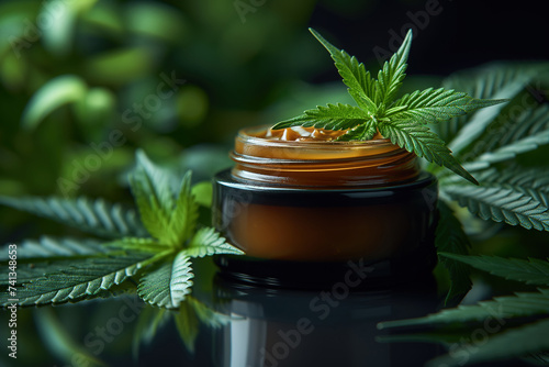 Cannabis cream in jar surrounded by fresh leaves Generative AI image photo