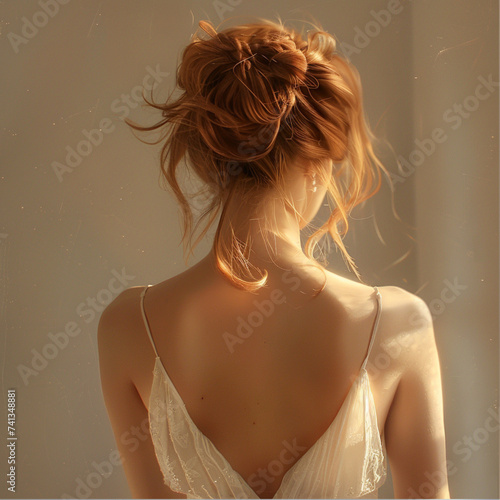 woman from behind, wishful, breeze in her hair, low bun, messy little hair, whe is wearing white slip dress, she has ginger light brown hair, her head is tilted upwards and to the side