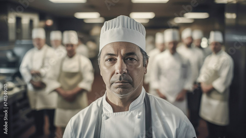 Generative AI illustration of solemn head chef with a serious expression standing in front of his team in a professional kitchen photo