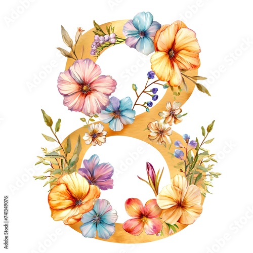 Colorful Watercolor Number 8 Adorned With Vibrant Floral Arrangement