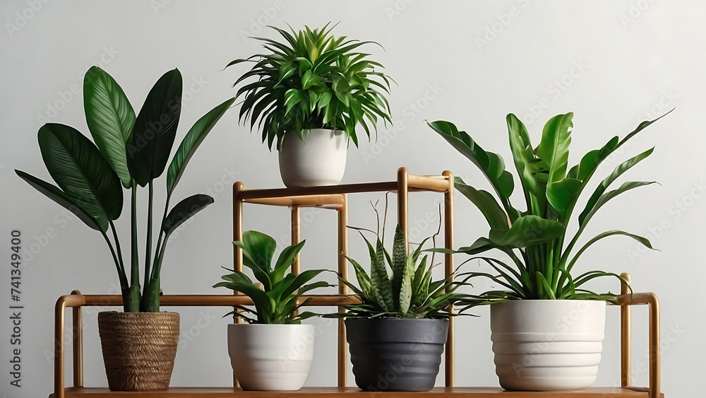 Obraz premium Indoor Plant, A variety of plants in pots and vases adorn a room, adding a touch of nature to the interior design