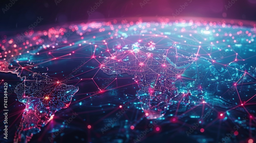 Abstract visualization of global network connectivity with dynamic lines and light effects representing digital data flow.