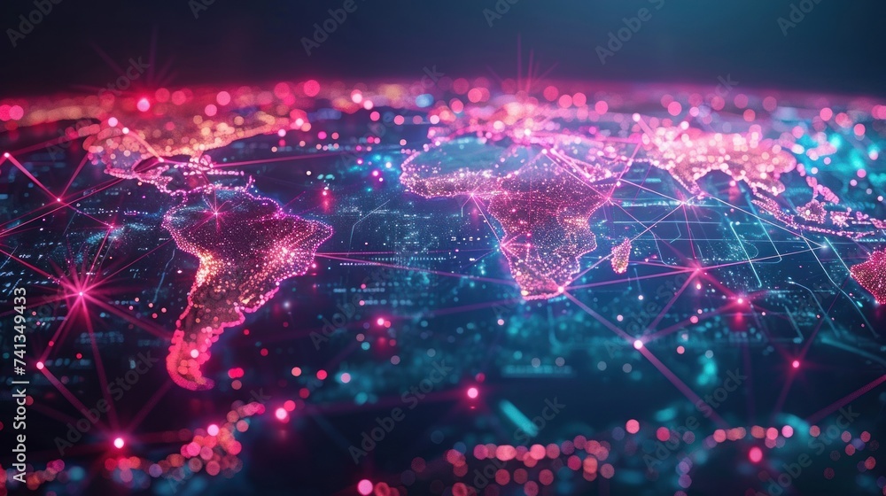Obraz premium Abstract visualization of global network connectivity with dynamic lines and light effects representing digital data flow.