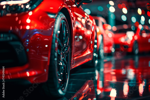 New red cars display in luxury showroom with light bokeh in motor show event © Enrique