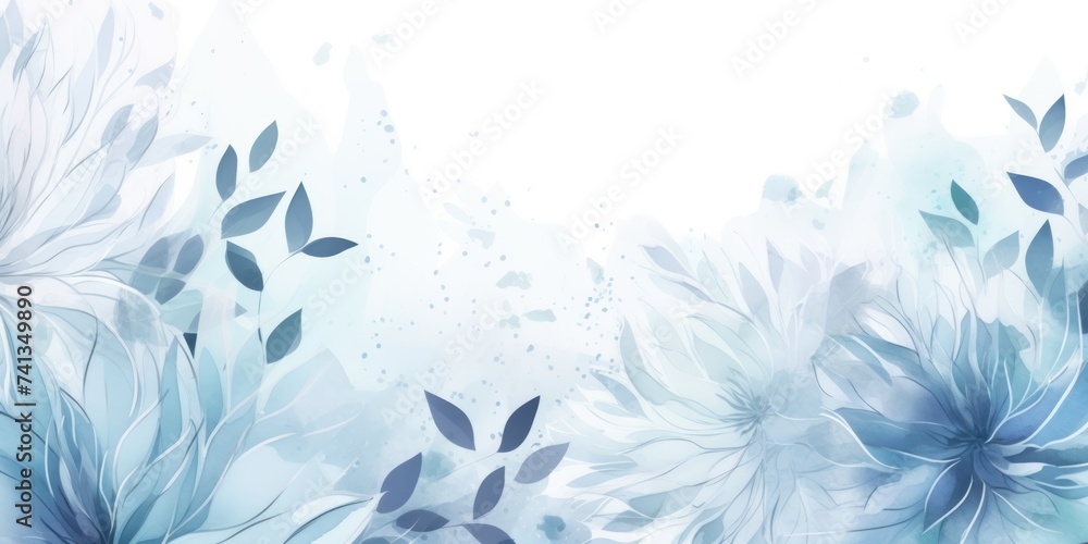 Blue monochrome watercolor drawing with gentle abstract flowers and leaves. Floral creative background. Horizontal format. Copy space. Mockup. Card template. Generated AI. Blue monochrome watercolor drawing with gentle abstract flowers and leaves. Floral creative background. Horizontal format. Copy space. Mockup. Card template. Generated AI.