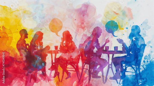 Vibrant Watercolor Illustration of Cheerful Group Discussion at a Table, Engaging Individuals in Lively Interaction, Typical Semi-Abstract Style, Expressive Character Postures and Expressions, Dynamic