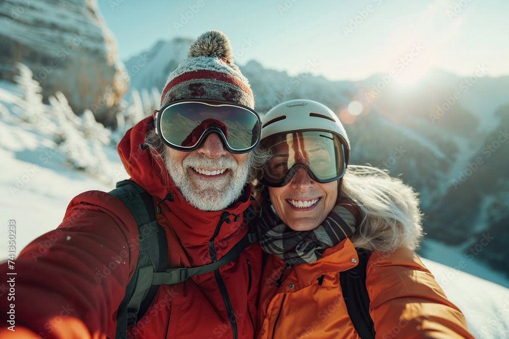 Senior couple Taking a Selfie in the Snow Generative AI Senior couple Taking a Selfie in the Snow Generative AI