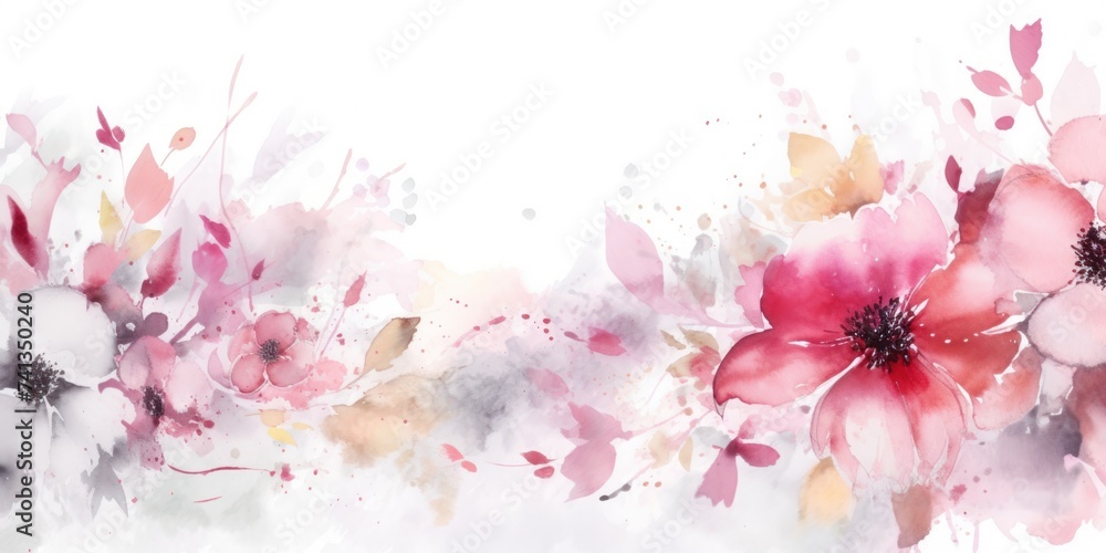 Watercolor gentle card or invitation with translucent flowers on white. Floral card for wedding, Valentine day, Mother's day, Teacher's day or any holiday. Horizontal format. Copy space. Generated AI.