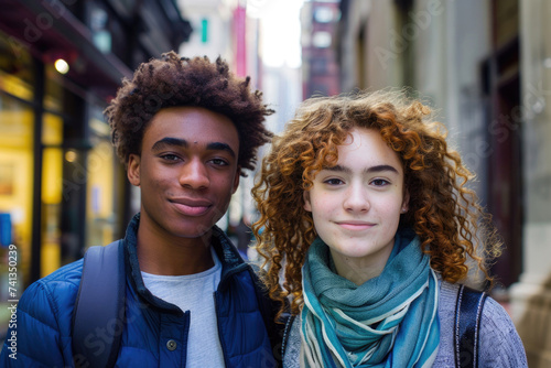 Two young, attractive students in the city, facing the camera