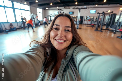 Woman Taking a Selfie in a Gym Generative AI photo