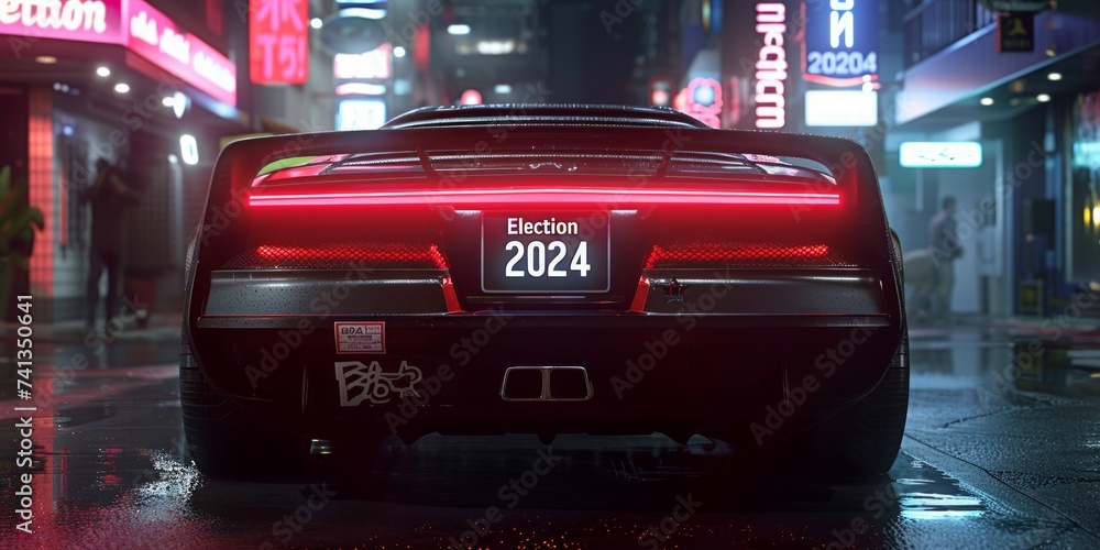 Futuristic Election 2024 Campaign Vehicle Under Neon Election Promos in Drenched Urban Night