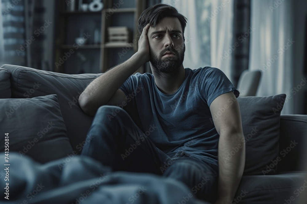 thoughtful and anxious stressed man sitting in the living room of his house