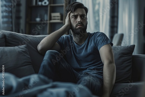 thoughtful and anxious stressed man sitting in the living room of his house