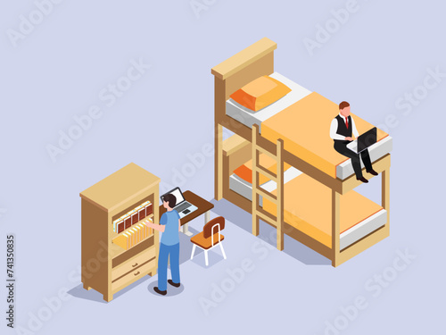 Two college students in a dormitory room. Student wearing business suit on bunk bed using laptop computer. 3d isometric vector illustration