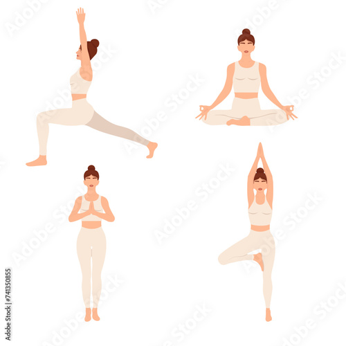 
light-skinned girl, yoga, asanas, mountain pose, warrior pose, tree pose
