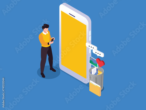 Young guy deleting unnecessary data from phone memory storage 3d isometric vector illustration