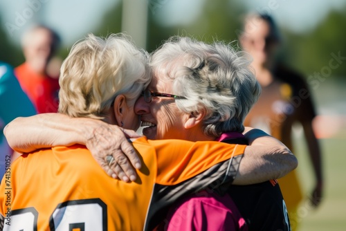 senior friends hugging, wearing team jerseys at a sports event