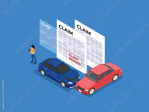 Rejected Insurance for Car Accident. Agents Policy Paper with Red Denied Stamp 3d isometric vector illustration