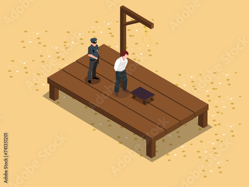 Young prisoner standing in front of noose to face death penalty 3d isometric vector illustration