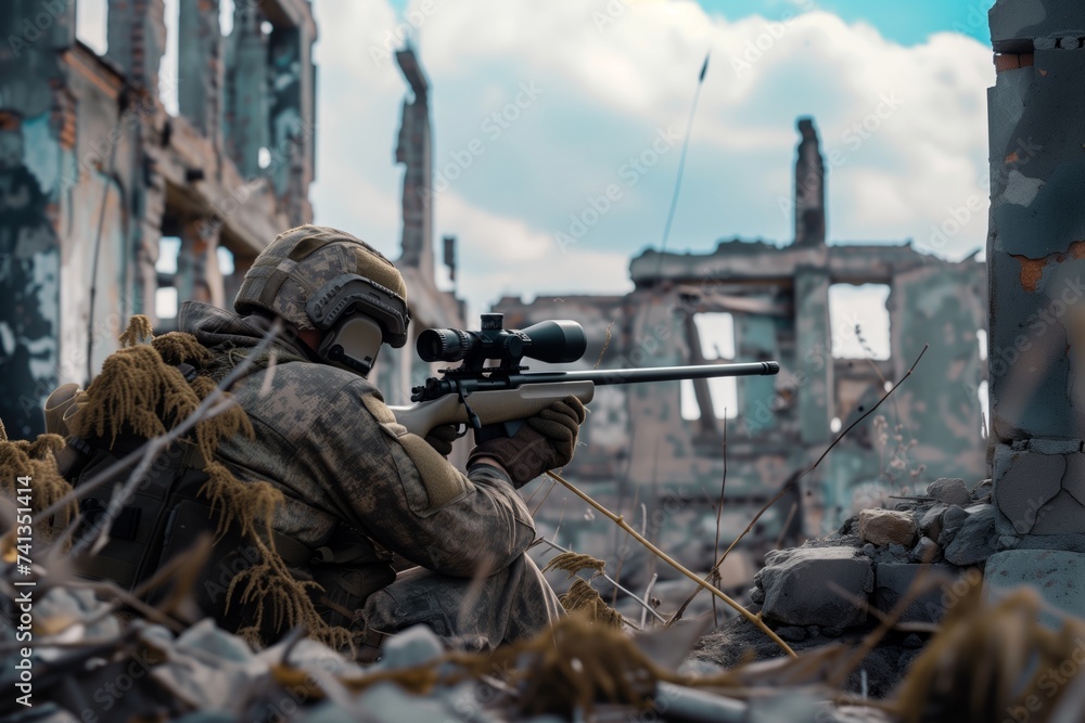 tactical sniper aiming from behind cover in ruins