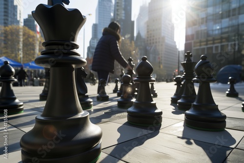 person playing chess with oversized pieces in a city square photo