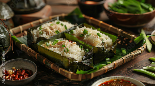 Steamed rice wrapped in coconut leaf, fried.Steamed rice wrapped in coconut leaf, fried.