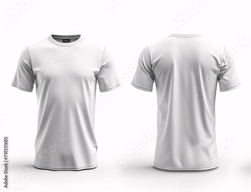 3D rendering of a white round-neck t-shirt with front, back, and side views on a white background, perfect for graphic design mockups.