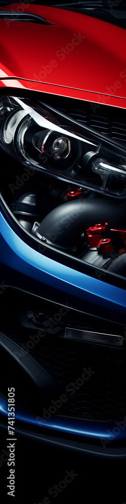 Customized intake manifold of a high-performance vehicle exudes sophistication in muted studio surroundings.