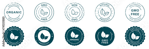 100 Percent Eco Natural Grunge Badge Set. Organic Bio Product Rubber Stamp. Non Gmo Emblem. Gmo Free Round Sticker Collection. Vegan Food Silhouette and Line Label. Isolated Vector Illustration