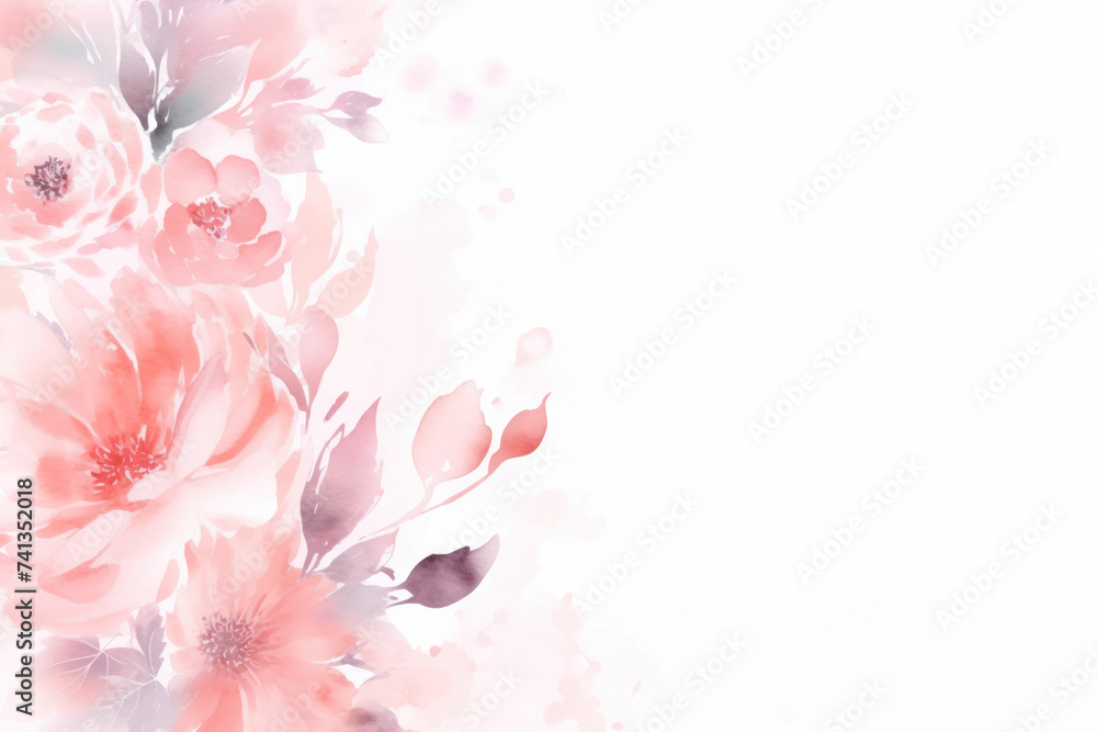Fototapeta premium Floral watercolor card with delicate pink roses in white background. Card template for wedding, Valentine day, Mother's day, Teacher's day or any holiday. Horizontal format. Copy space. Mockup.