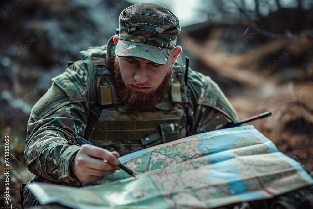 soldier with a map planning the route or tactics of the battle