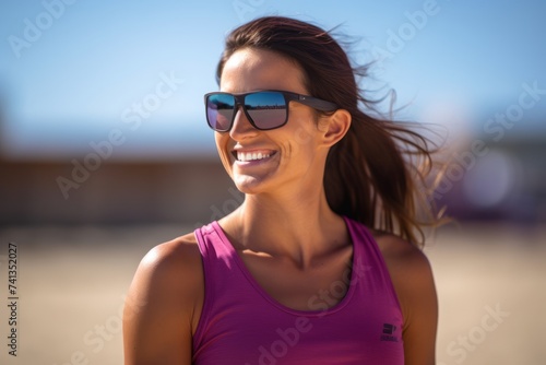 Portrait of a happy young woman in sportswear and sunglasses.