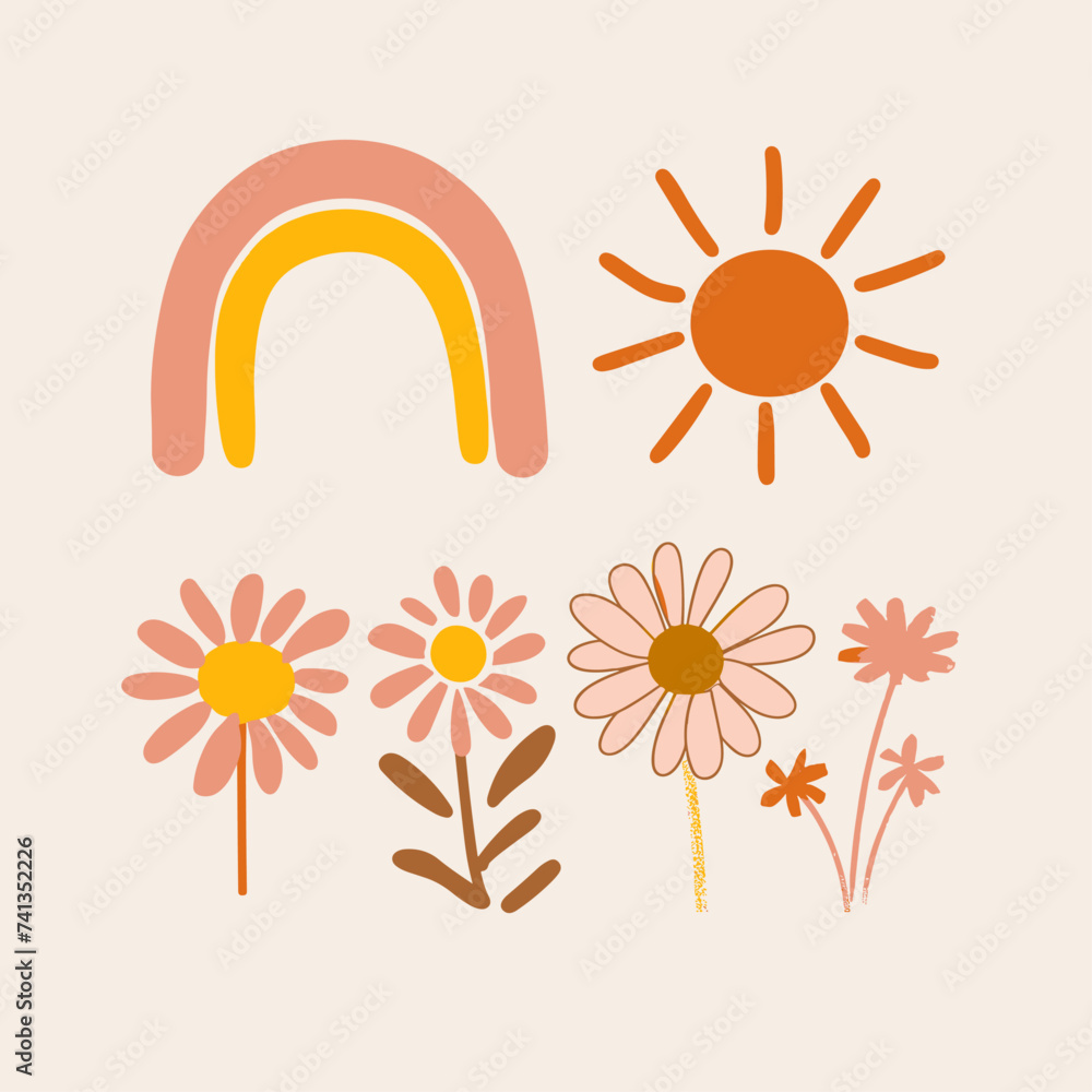 Obraz premium set of flowers and leaves bohemian style