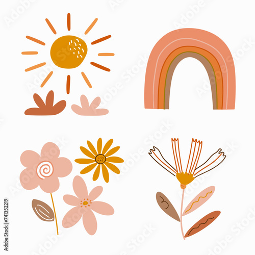 set of flowers and leaves bohemian style