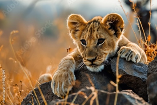 Lion cub playfully crouching on a rocky outcrop in dry grassland, Generative AI