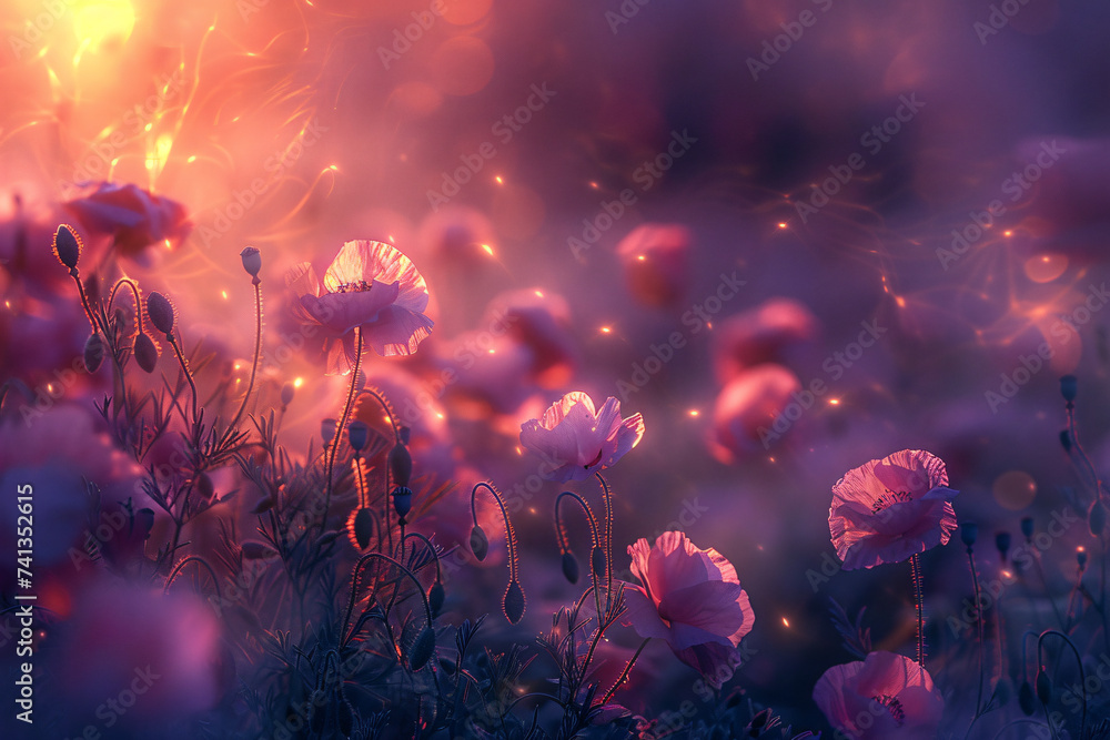 a field of poppies at sunset, in the style of light violet and light magenta a field of poppies at sunset, in the style of light violet and light magenta