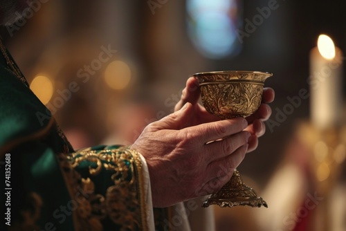 Close-up of hands holding a communion chalice Eucharist, with a religious Catholic vestment in the background, Generative AI