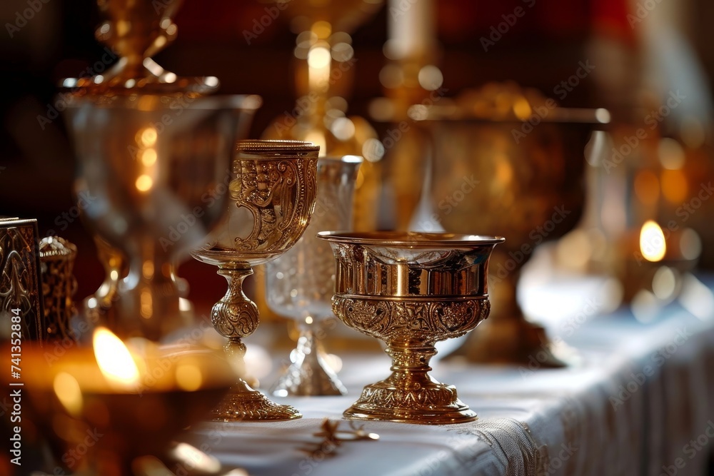 A collection of ceremonial chalices and other religious items on an altar for Catholic communion, Generative AI - obrazy, fototapety, plakaty 