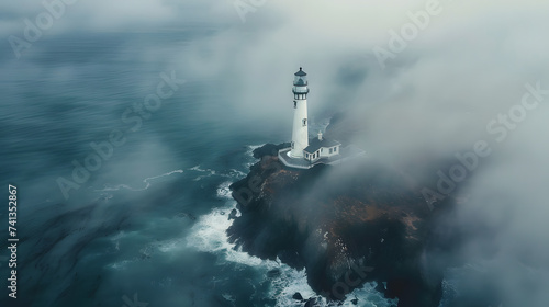 Aerial view of a white lighthouse
