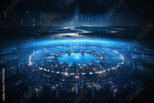 surface of earth planet with futuristic computer technology and mega city  digital connections with hologram and glow against background of space  concept of globalization and urbanization