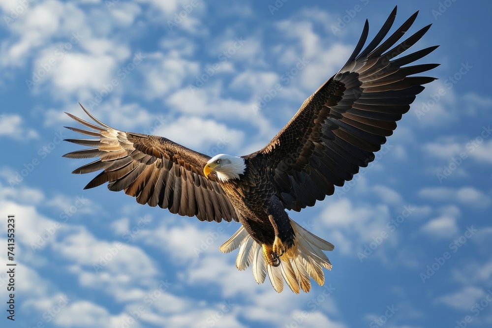 Majestic bald eagle in flight against a backdrop of scattered clouds and blue sky, Generative AI Majestic bald eagle in flight against a backdrop of scattered clouds and blue sky, Generative AI