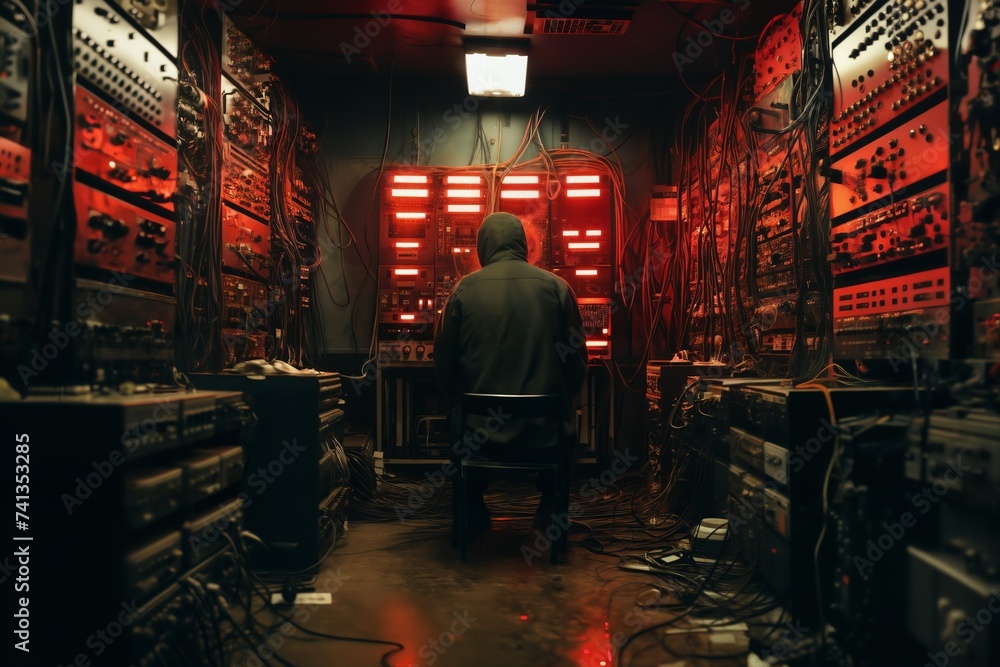 a person in a dark room controls computer devices for computing and information processing, video surveillance and hacking a person in a dark room controls computer devices for computing and information processing, video surveillance and hacking