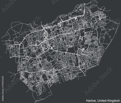 Detailed hand-drawn navigational urban street roads map of the United Kingdom city township of HARLOW, ENGLAND with vivid road lines and name tag on solid background