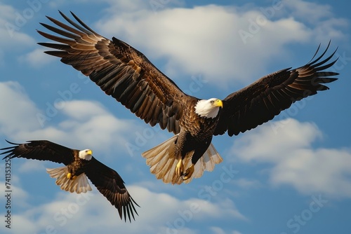 Majestic bald eagle in flight against a backdrop of scattered clouds and blue sky, Generative AI © Divyesh