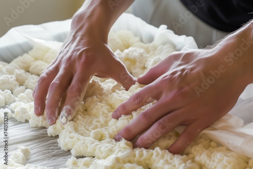 hands pressing curds in a cheeseclothlined mold photo