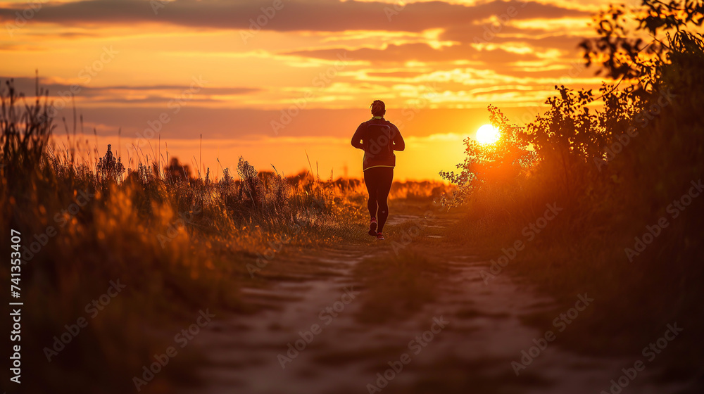 Sunset Beach Runner Silhouette: Person jogging along the shore at dusk, against the backdrop of a vibrant sunset, surrounded by the serene beauty of the ocean Sunset Beach Runner Silhouette: Person jogging along the shore at dusk, against the backdrop of a vibrant sunset, surrounded by the serene beauty of the ocean