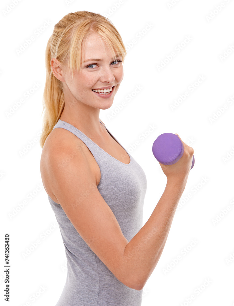 Fitness, happy and woman with dumbbell weight in studio for health, wellness and body workout or training. Strength, sports and young female athlete with arm exercise isolated by white background. Fitness, happy and woman with dumbbell weight in studio for health, wellness and body workout or training. Strength, sports and young female athlete with arm exercise isolated by white background.