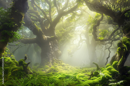 A mystical woodland with fog and sunbeams