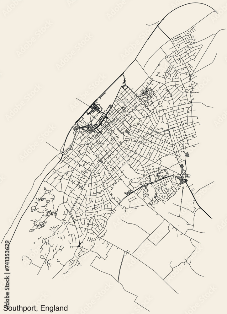 Naklejka premium Detailed hand-drawn navigational urban street roads map of the United Kingdom city township of SOUTHPORT, ENGLAND with vivid road lines and name tag on solid background